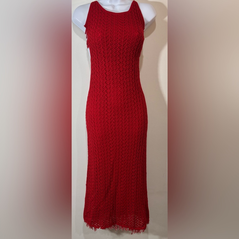 Red crochet midi dress